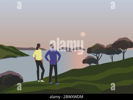 Couple de touristes dans des montagnes de cartoon Illustration de Vecteur