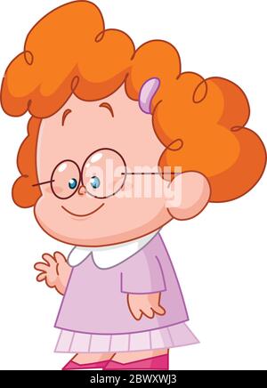 Jolie petite fille en forme de curly portant des lunettes et agitant avec sa main Illustration de Vecteur