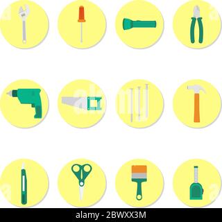 Icônes d'outils avec clé, tournevis, lampe de poche, pince, perceuse, scie, clous, marteau, aiguille, ciseaux, brosse, ruban Illustration de Vecteur