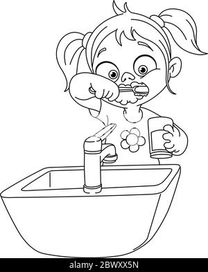 Décrit une jeune fille se brossant les dents. Page de coloriage d'illustration vectorielle. Illustration de Vecteur