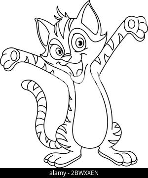 Décrit un chat heureux qui lui a relevé les mains. Page de coloriage d'illustration vectorielle. Illustration de Vecteur