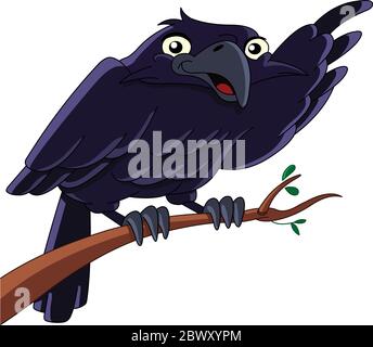 Illustration vectorielle d'un corbeau assis sur une branche et pointant avec son aile Illustration de Vecteur