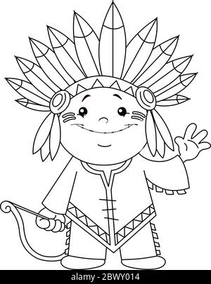 Enfant indien décrit. Page de coloriage. Illustration de Vecteur