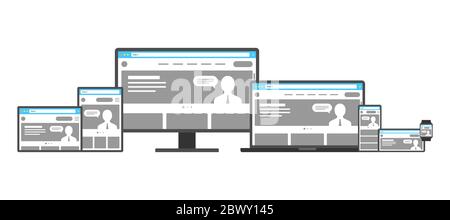 Jeu de modèles de conception de Web adaptatif réactif. Site Web sur différents appareils. Écran de bureau, ordinateur portable, tablette, application mobile pour smartphone et maquette de montre intelligente. Illustration eps à vecteur numérique plat Illustration de Vecteur