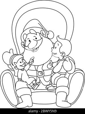 Illustration des enfants assis sur les genoux du Père Noël. Page de coloriage. Illustration de Vecteur