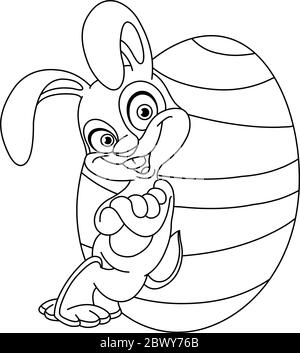 Un lapin heureux est penché contre un gros œuf de Pâques. Page de coloriage d'illustration vectorielle. Illustration de Vecteur