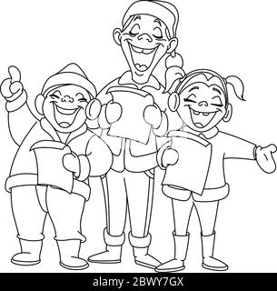 Carolers de Noël avec contour. Page de coloriage d'illustration vectorielle. Illustration de Vecteur