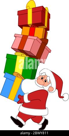 Clause Smiling Santa portant une pile de boîtes-cadeaux colorées Illustration de Vecteur