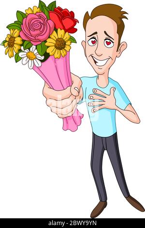 Dans l'amour homme donnant le bouquet de fleurs Illustration de Vecteur