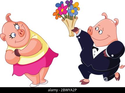 Cochon aimant donnant à sa petite amie un bouquet de fleurs Illustration de Vecteur