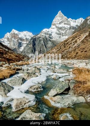 Népal. Partez à Mera Peak. Sentier de randonnée au-dessus de la colonie de Tagnag avec le fabuleux sommet sans nom sur la rivière Dig gorge. Les paysages de montagne ne sont pas mieux que cela ! Banque D'Images