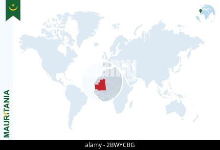 Carte du monde avec agrandissement sur la Mauritanie. Globe terrestre bleu avec drapeau mauritanien. Zoom sur la carte de Mauritanie. Illustration vectorielle Illustration de Vecteur