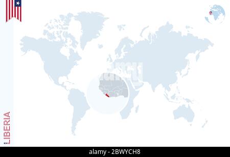 Carte du monde avec agrandissement sur le Libéria. Globe terrestre bleu avec broche drapeau du Libéria. Effectuer un zoom sur la carte du Libéria. Illustration vectorielle Illustration de Vecteur