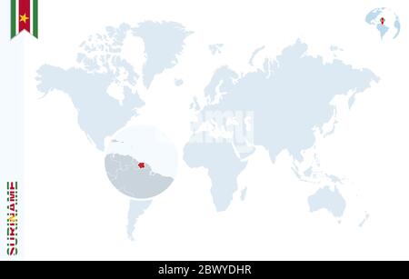 Carte du monde avec agrandissement sur le Suriname. Globe terrestre bleu avec broche drapeau du Suriname. Effectuer un zoom sur la carte du Suriname. Illustration vectorielle Illustration de Vecteur