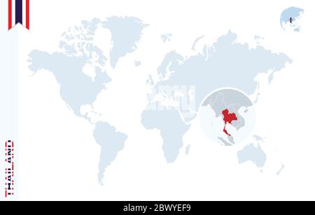 Carte du monde avec agrandissement sur la Thaïlande. Globe terrestre bleu avec drapeau thaïlandais. Zoom sur la carte de Thaïlande. Illustration vectorielle Illustration de Vecteur