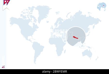 Carte du monde avec agrandissement sur le Népal. Globe terrestre bleu avec broche drapeau népalais. Zoom sur la carte du Népal. Illustration vectorielle Illustration de Vecteur