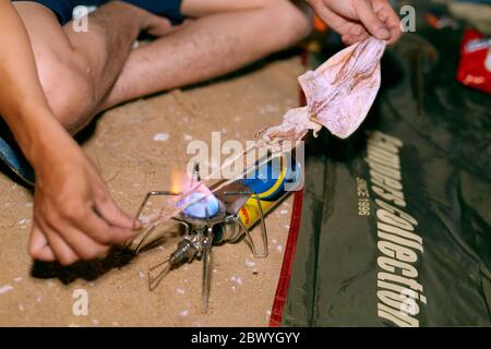 Gril Squid sur charbon chaud feu chaud délicieux fruits de mer. Calmars grillé sur un feu de camp de nuit Banque D'Images