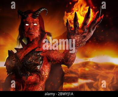 illustration 3d du rendu de la déesse du démon hellish debout et jetant le sort du feu sur un arrière-plan inferno brûlant vue rapprochée. Banque D'Images