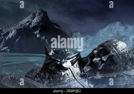illustration 3d du crâne de grotte de mer avec des collines et des restes morts de squelette viking dans une armure et un casque qui se pose sur le rivage. Banque D'Images