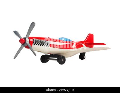 Photo isolée d'un jouet d'avion de sport de course sur fond blanc vue d'angle. Banque D'Images