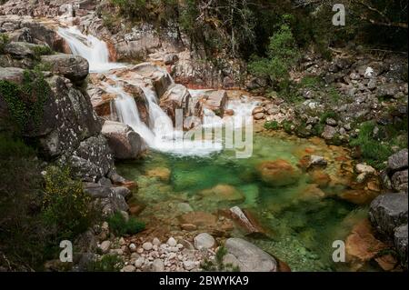 Cascade de Mata de Albergaria au milieu des bois, l'eau coule sur les rochers jusqu'au lac de Green Banque D'Images