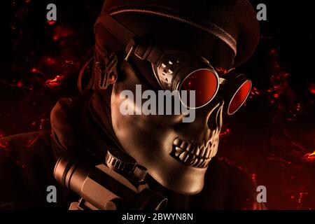 Photo d'un soldat entièrement équipé en gilet tactique d'armure noire debout dans le masque de crâne et béret sur fond noir avec des cendres volantes gros plan angle vi Banque D'Images