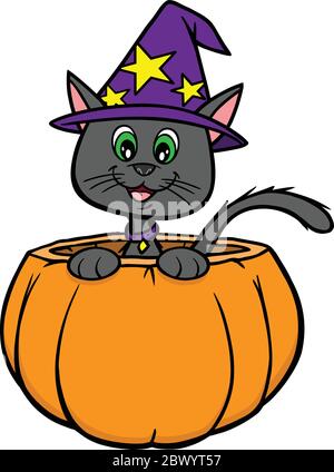 Chat et citrouille - UNE illustration de dessin animé d'un chat et d'une citrouille. Illustration de Vecteur
