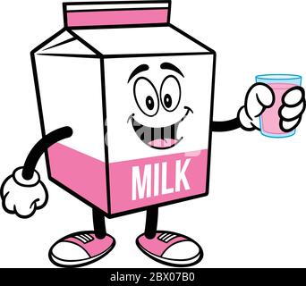 Mascotte de carton de lait de fraise avec un verre de lait de fraise - UNE illustration de dessin animé d'une mascotte de carton de lait de fraise. Illustration de Vecteur