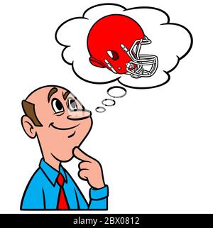 Penser au football - UNE illustration de dessin animé d'un homme pensant à un casque de football. Illustration de Vecteur