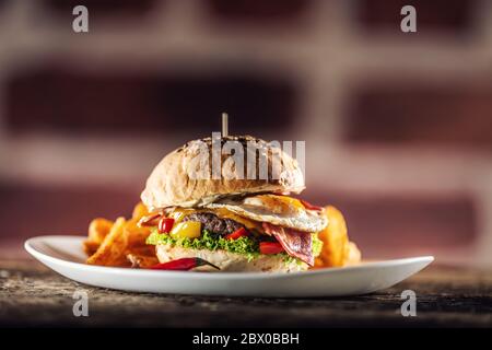 Hamburger de bœuf avec œuf frit, bacon, fromage, laitue et poivrons dans un pain au sésame avec des quartiers de pommes de terre avec paprika fumé et un piment extra frais sur le Banque D'Images