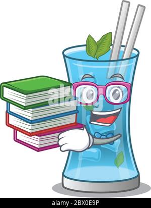 Un étudiant diligent en concept de mascotte de cocktail de hawai bleu a lu de nombreux livres Illustration de Vecteur