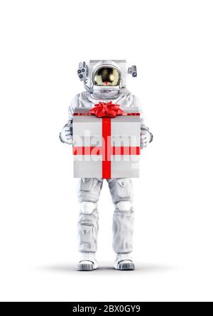 Astronaute avec présent / illustration 3D de combinaison d'espace portant la figure mâle tenant boîte cadeau enveloppé de ruban rouge isolé sur blanc studio backgroun Banque D'Images