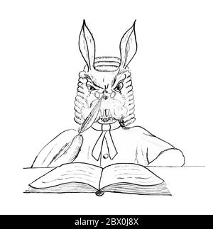 « le greffier a rayé le nez avec son stylo. «...douze mois pour le vol, qui est doux; et trois ans pour la conduite furieuse, qui est indulgent; et quinze ans pour la joue, qui était assez mauvais genre de joue........ces chiffres, si ajoutés correctement, tot jusqu'à dix-neuf ans---- '' - dessin/croquis original non publié par l'auteur Elizabeth Ince (1927-1972) pour illustrer le vent de Kenneth Grahame dans les Willows Banque D'Images