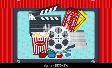 Modèle d'affiche cinéma. Rideau rouge sur scène de théâtre. Écran, première Illustration de Vecteur