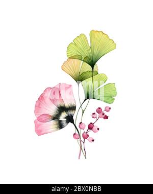 Arrangement de tulipe aquarelle. Grande fleur rose avec feuilles de ginkgo et baies isolées sur blanc. Œuvres d'art peintes à la main avec fleur de rayons X. Botanique Banque D'Images