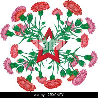 Bouquet de la carnation rouge avec ruban Saint George et étoile soviétique au 9 mai jour de la victoire russe fête nationale célébration carte de voeux ou bannière avec Illustration de Vecteur