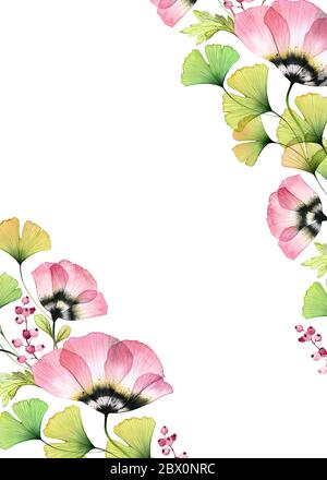 Fond floral aquarelle. Modèle de carte A5 vertical avec emplacement pour le texte. Fleurs de tulipe transparentes. Bannière isolée dessinée à la main avec une grande rose Banque D'Images