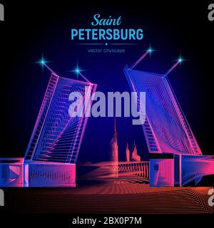 Vue nocturne Vector Saint-Pétersbourg depuis le pont du Palais de la Neva, sur la forteresse Pierre-et-Paul, avec lignes géométriques abstraites en 3d et vagues de gradients Illustration de Vecteur