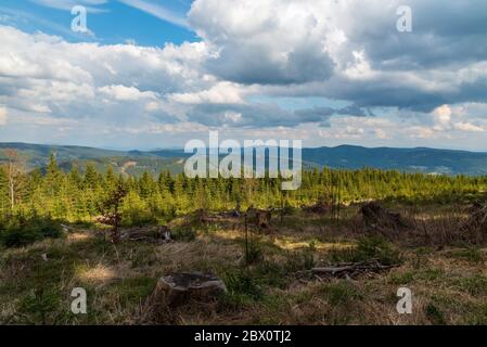 Vue depuis la forêt de la glade près de l'ancien sentier de randonnée qui domine la colline de Travny dans les montagnes Moravskoslezske Beskydy en République tchèque pendant le beau printemps Banque D'Images