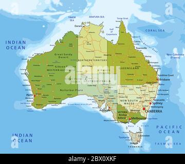Carte politique modifiable très détaillée avec couches séparées. Australie. Illustration de Vecteur