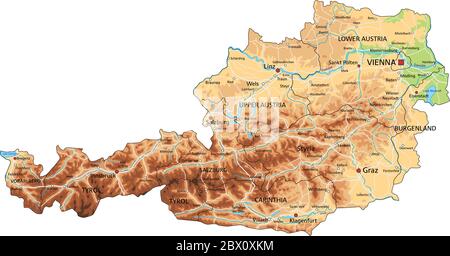 Carte physique Autriche haute précision avec étiquetage. Illustration de Vecteur