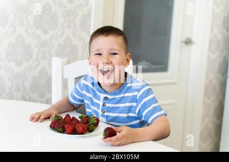 drôle d'enfant rit et mange des fraises. printemps. Avril-mai. Banque D'Images