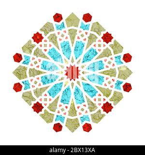 Motif fleurs arabes motif géométrique rond et éléments texturés. Emblème ou signe de fleur arabesque isolé sur fond blanc Banque D'Images