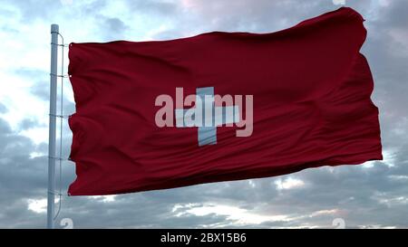 Drapeau de la Suisse agitant dans le vent contre de profonds nuages ciel Banque D'Images