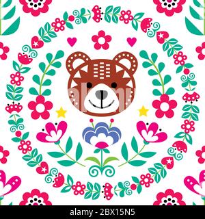 Motif scandinave sans couture représentant un motif artistique folk vectoriel avec ours, fleurs et couronne, motif textile floral nordique inspiré de la broderie traditionnelle de Swed Illustration de Vecteur