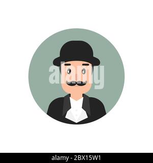 Avatar de gentleman dans un cercle vert. Tête de l'homme avec moustache et chapeau de melon. Rétro noir, avatar vintage. Isolé sur blanc. Illustration vectorielle plate. Illustration de Vecteur