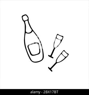 Une bouteille de champagne et deux verres. Icônes de l'icône de l'icône de l'icône de l'icône de l'icône de Illustration de Vecteur