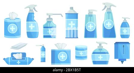 Désinfectants de dessins animés. Désinfection en aérosol d'alcool, distributeur de désinfectant antiseptique et savon désinfectant liquide. Illustration du vecteur de protection contre les virus Illustration de Vecteur