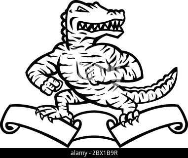 Illustration mascotte d'un alligator, d'un alligator ou d'un crocodile de reptilan féroces en bandes de tigre debout en position de combat sur le dessus du ruban ou sur la spirale Illustration de Vecteur