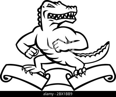 Illustration mascotte d'un alligator, d'un alligator ou d'un crocodile de reptilane ferocieux debout en position de combat sur le dessus du ruban ou sur un backgrou isolé Illustration de Vecteur